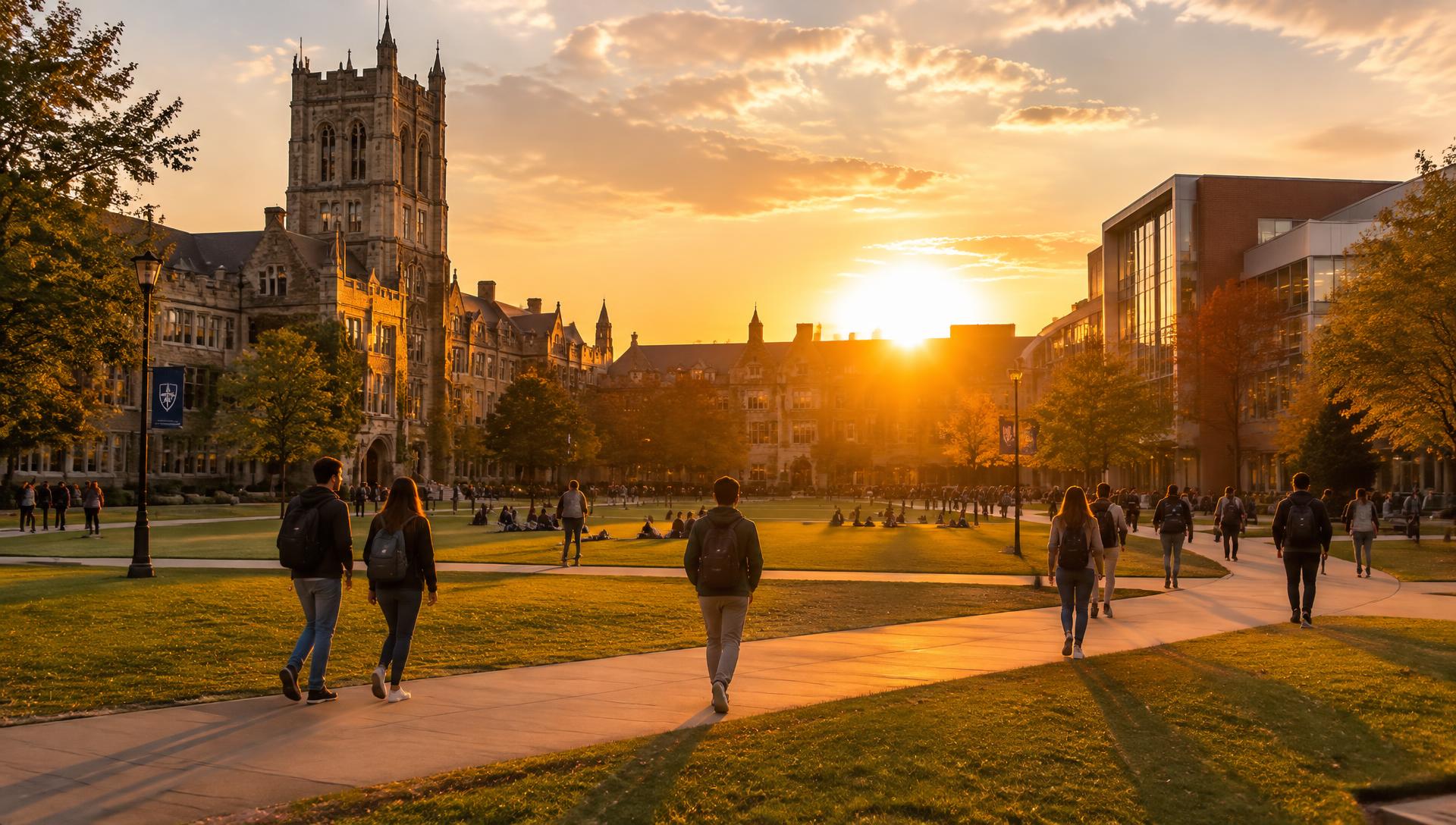 Students walking across a university campus at sunset